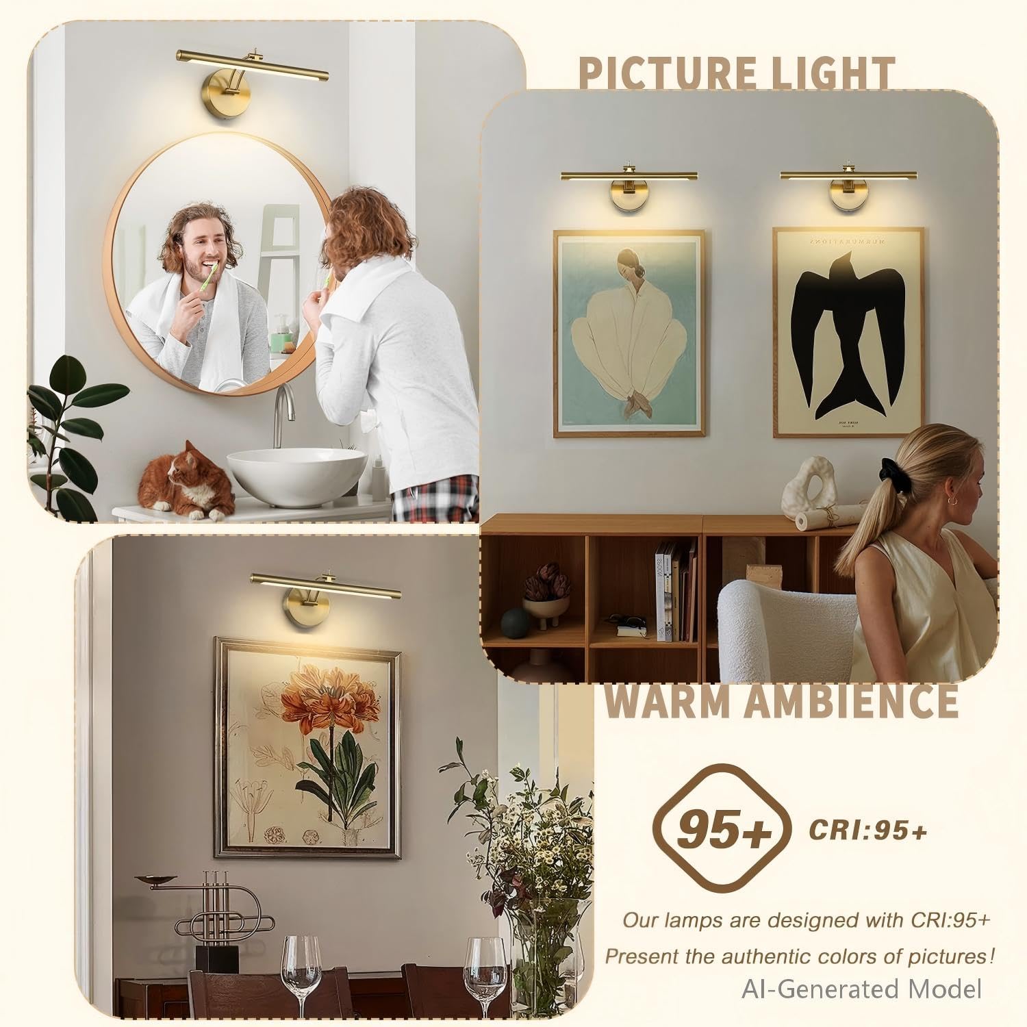 Lampada da parete dimmerabile rigida cablata da 15,75 pollici braccio oscillante regolabile in ottone luci da parete per immagini Display a LED per opere d'arte 7 W bianco caldo