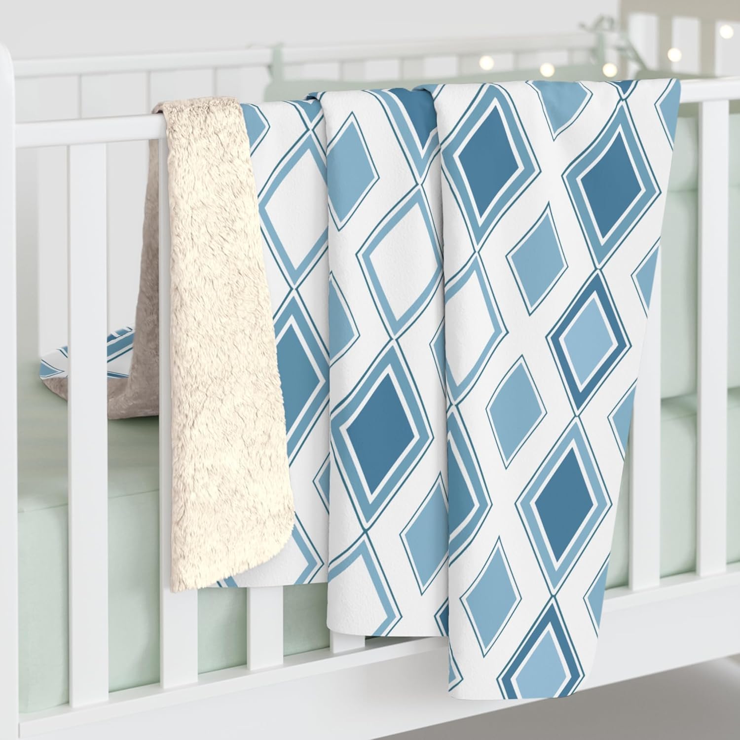 Sherpa Fleece Blanket Blue Diamond Pattern Blanket, Stylish Graphic Throw, Trendy Geometric Design Bed Cover - Image 2