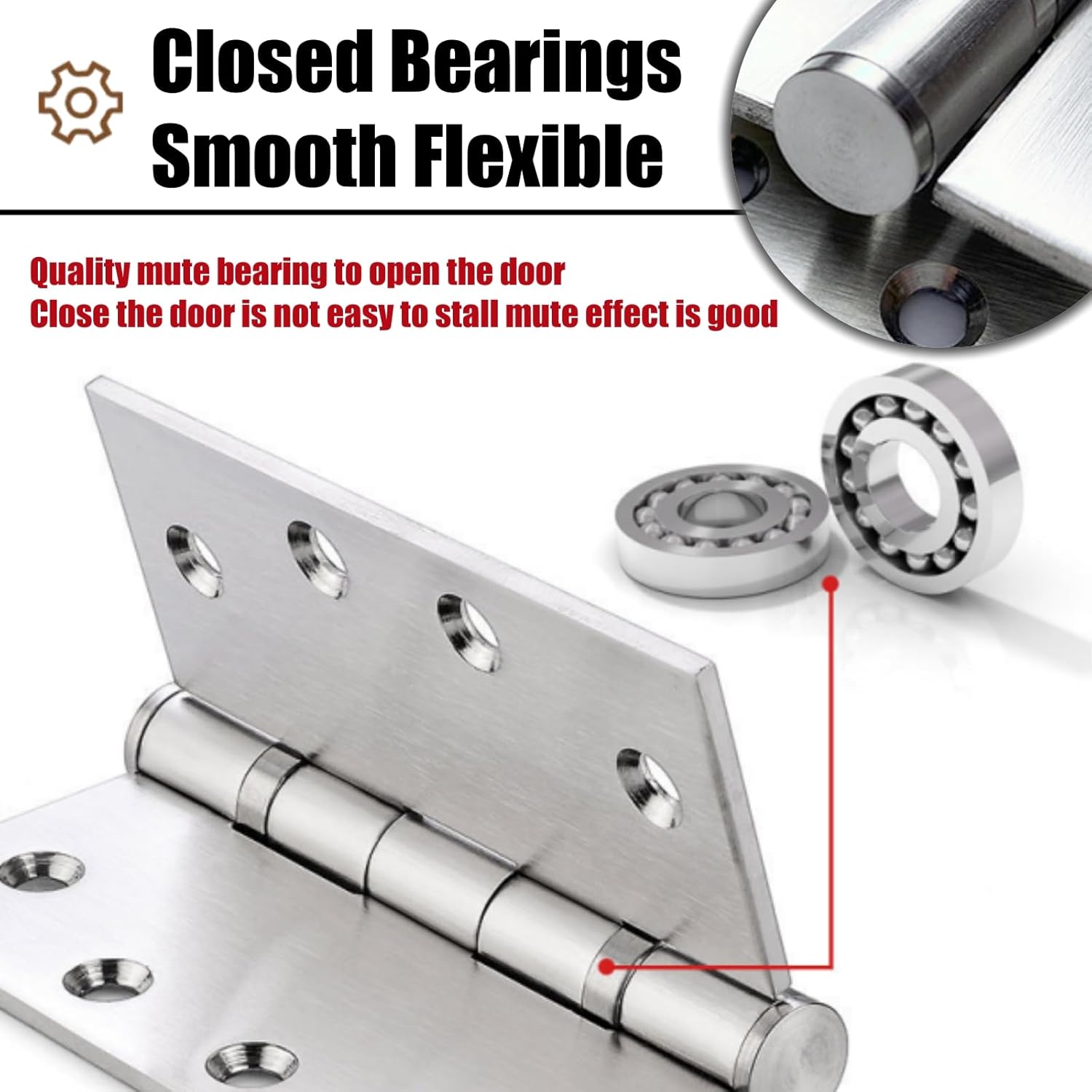 6Pcs 4.5 x 4.5 Inch Heavy Duty Door Hinges, Silver Commercial Door Hinges with Silent Steel Plain Ball Bearing, Thickness 3 mm 304 Stainless Steel Square Hinges with 48pcs Screws