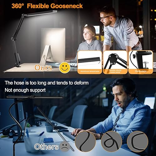 Miniatura 4 de Lámpara de escritorio LED con abrazadera, lámpara de escritorio de arquitecto con brazo oscilante de metal ajustable, cuidado de los ojos con clip,