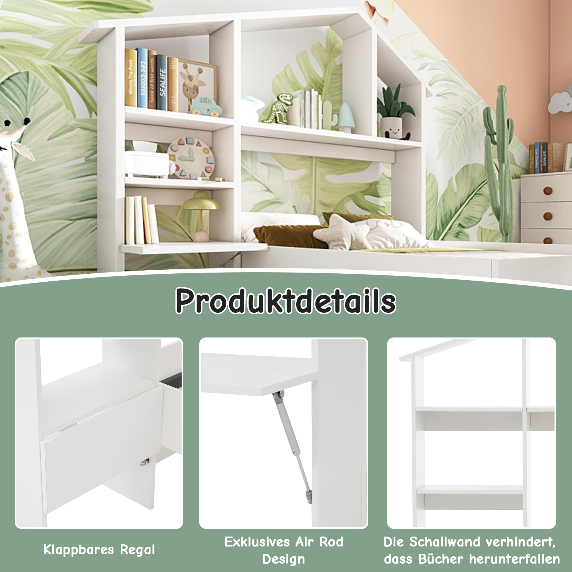 Bett 90x200 mit Bücherregal und USB Type-C-Ladefunktion, Kinderbett Hausbett Polsterbett mit Stauraum & Vollflächiger Lattenrost, Hydraulisch Einzelbett Stauraumbett, Leinen, ohne Matratze, Natürlich