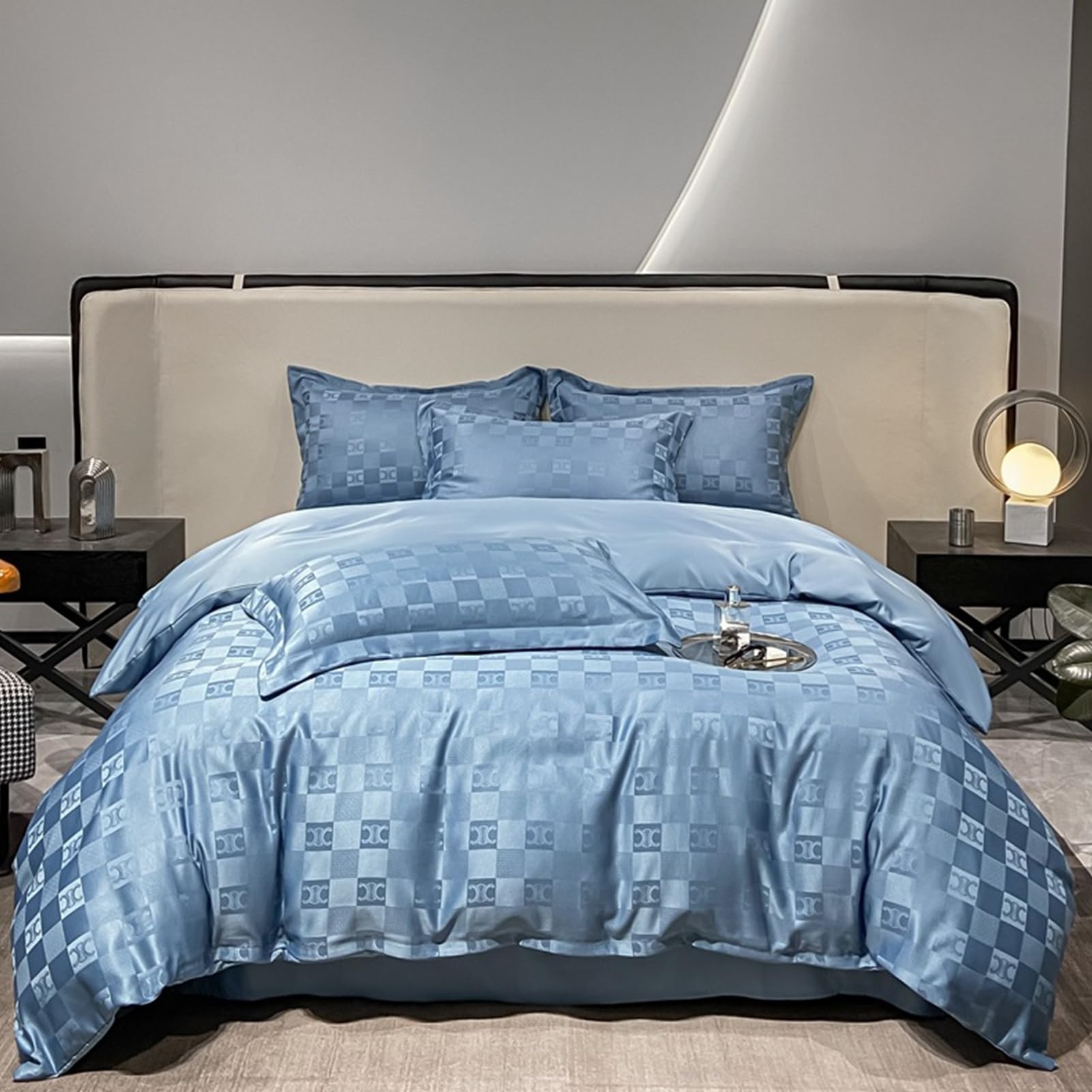 VAODO 4 Pieces Queen Size Duvet Cover Set, Cool and Skin-Friendly, Exquisite Printing, Include 1* Duvet Cover 220x240cm, 1* Flat Sheet 245x265cm, 2* Pillowcases 50x75cm, Delicate Blue