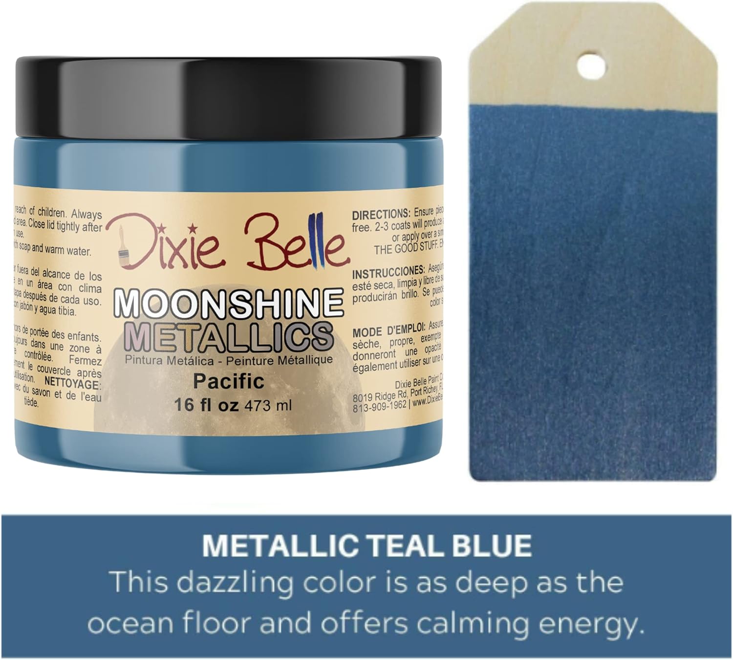 Dixie Belle Moonshine Metallics | Pacific (16oz) | Water-Based Shiny Chalk Mineral Paint | Metallic DIY Furniture Paint