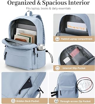 FIORETTO Lightweight School Backpack Womens, Cute School Bag for Girls, Laptop Rucksack Backpack for School Casual Daypacks Travel Backpack for College Work Dusty Blue