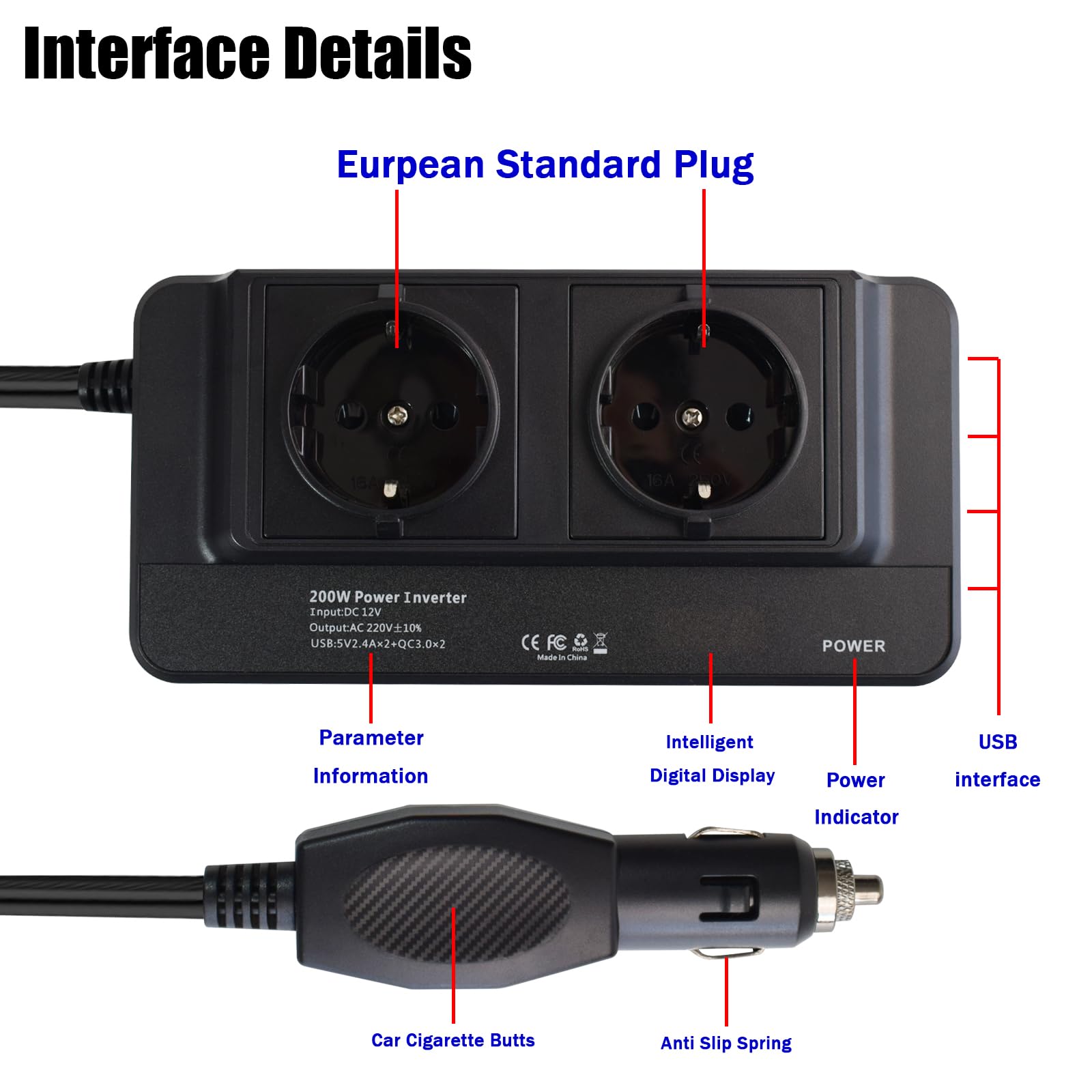 Onduleur 12V 220V 230V 240V 200W Prise Allume Cigare, Charge Rapide PD36W QC3.0 2 Prises EU 4 Ports USB Type-C, Affichage Numérique pour Voiture Camping Camping-Car Bateau