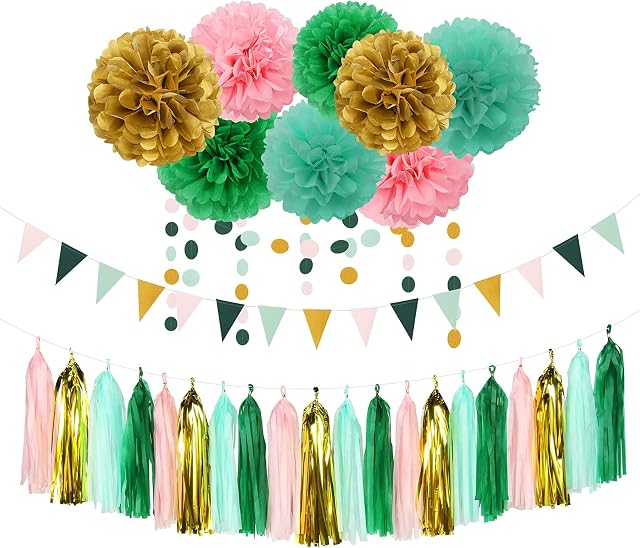 Party Decoration 23pcs Kits-Paper Flowers,Banner Flags,Tassel Garland,Baby Bridal Shower Birthday Decorations Wedding Bachelorette Engagement Bunting Lasting Surprise (Sage Green Pink Gold)