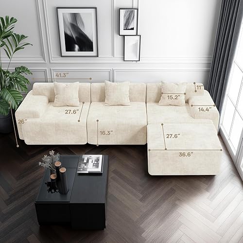 Miniatura 6 de Sofá modular modular de 119 pulgadas, sofá modular de compresión con diván, sofás tapizados, almohadas para sala de estar y dormitorio, color beige