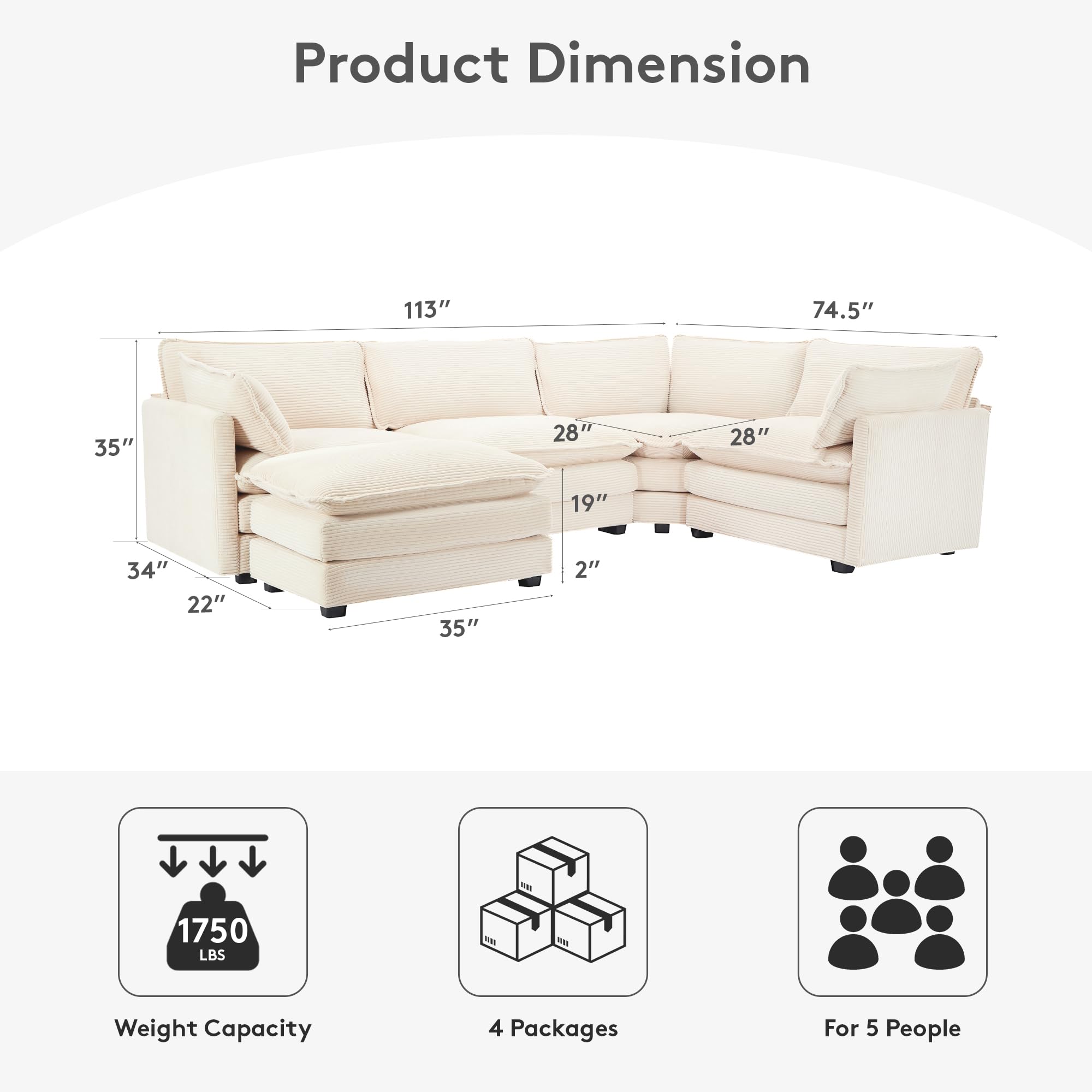 Amazon.com: ROWHY 113'' Modular Sectional Cloud Couch, 5 Seater