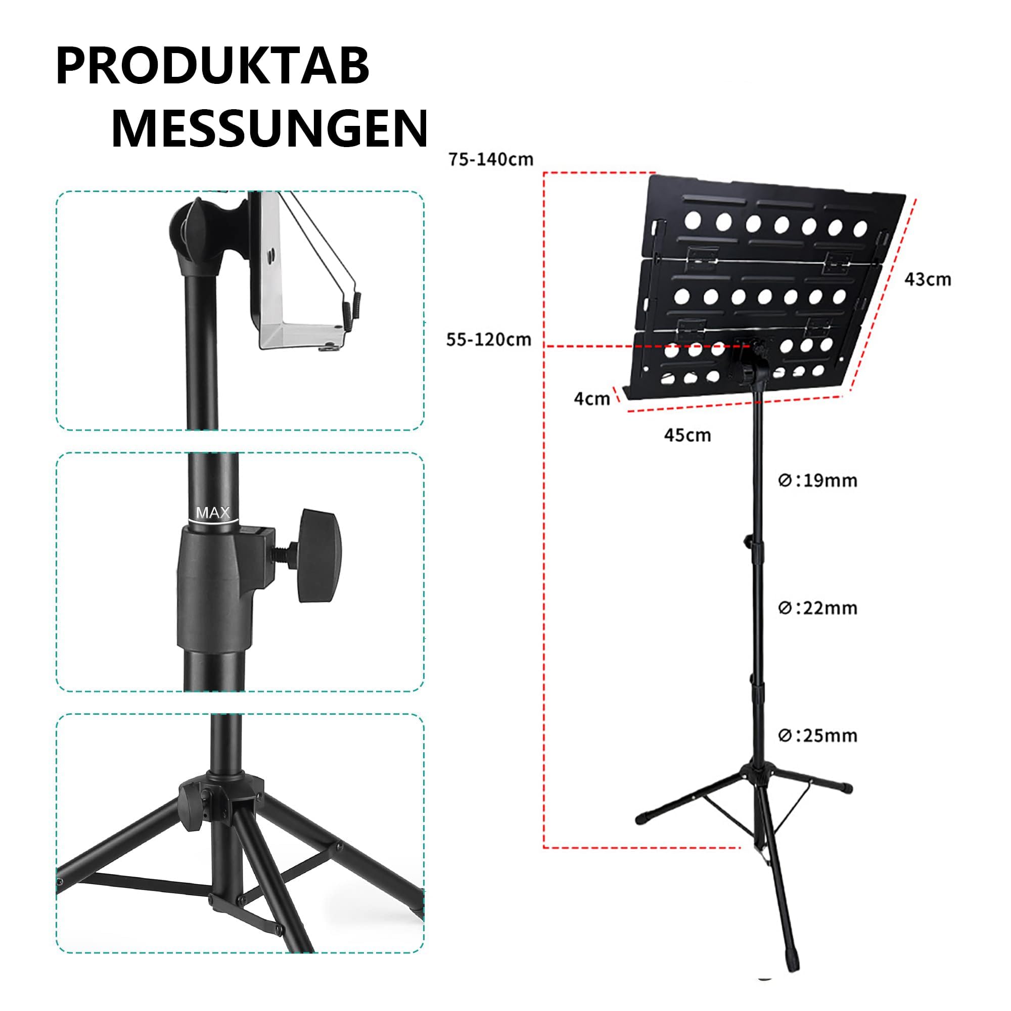 Pupitre de partition professionnel pliable robuste en métal avec plateau perforé, réglable en hauteur et pliable, avec sac de transport, idéal pour les spectacles de groupe et les répétitions