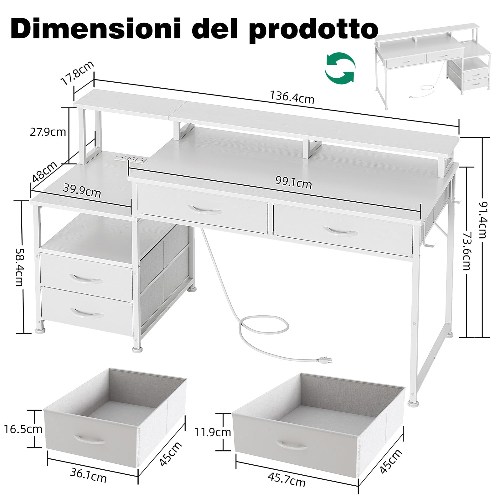 CAIYUN Scrivania Gaming LED, Scrivania da Gamer con Stoccaggio, Scrivania da Gamer con 4 Cassetti & Presa Integrata, Tavolo Computer Reversibile con Ripiani di Stoccaggio & Supporto Monitor (Bianco)