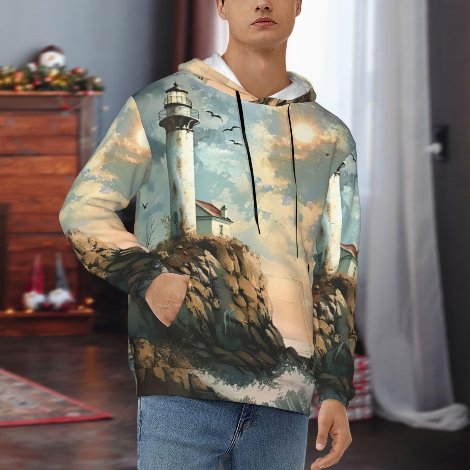 Męska bluza z kapturem z nadrukiem w tle latarni morskiej, casualowa grafika z nadrukiem bluzy z kapturem z kieszenią