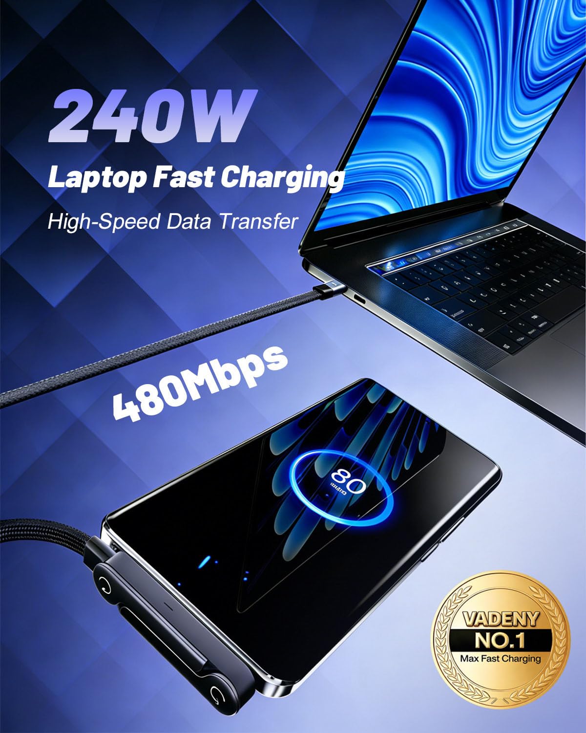 Cavo di ricarica 2 in 1, cavo di ricarica rapida da 240 W con supporto integrato, cavo di ricarica invisibile, rotazione a 360°, cavo USB C in nylon intrecciato ad alta velocità per telefono, tablet