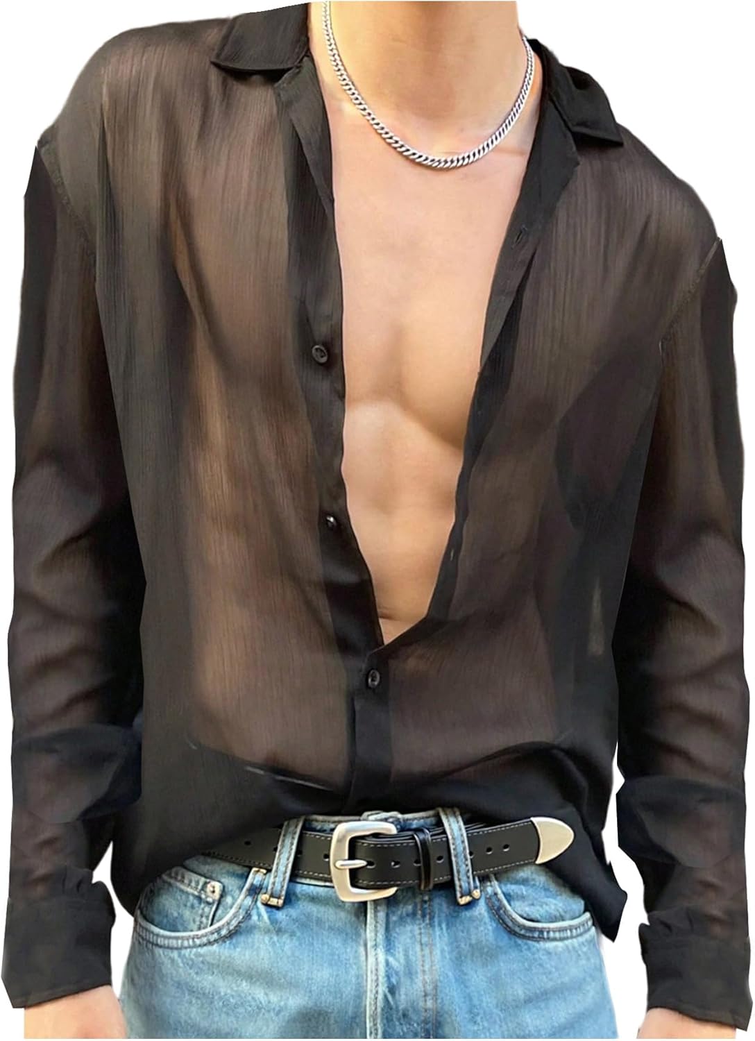 SHENHE Men's Mesh Sheer Long Sleeve Button Down Shirt See Through Party Rave Disco Shirt Top