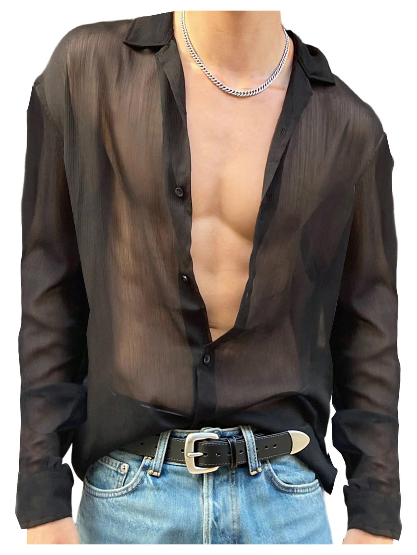 Photo 1 of SHENHE Men's Sheer Mesh Button-Down Shirt