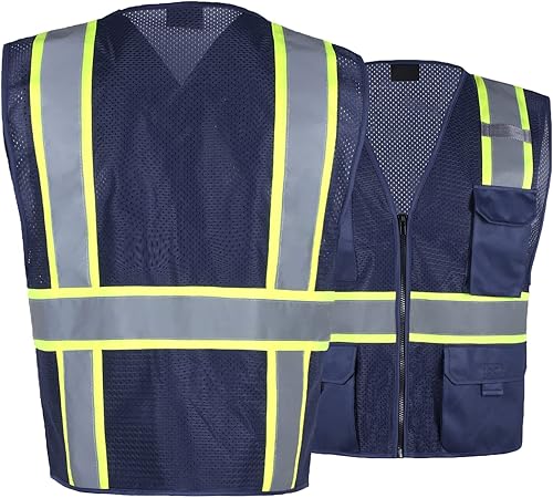 Miniatura 2 de FONIRRA Chaleco de seguridad para hombre, chaleco de malla de alta visibilidad, reflectante, con 8 bolsillos y cremallera, chaleco de construcción