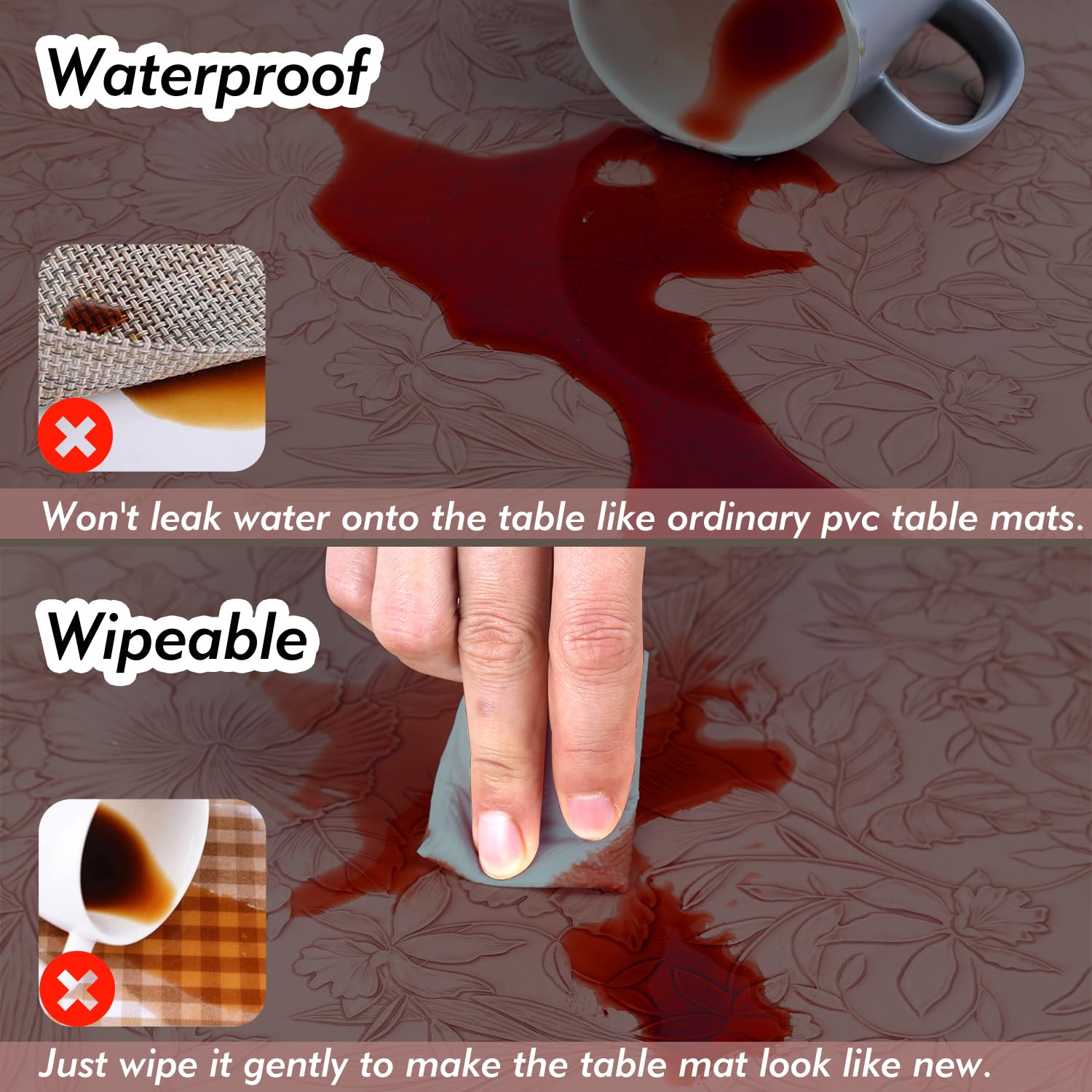 Burgundy Brown PU Leather Placemats Set of 4, 17×11.7In Heat Resistant, Washable, Wipeable, Anti-Slip, Wipe Clean Place Mats Kitchen Dining Table Mats Boho Style Embossed for Indoor/Outdoor Use