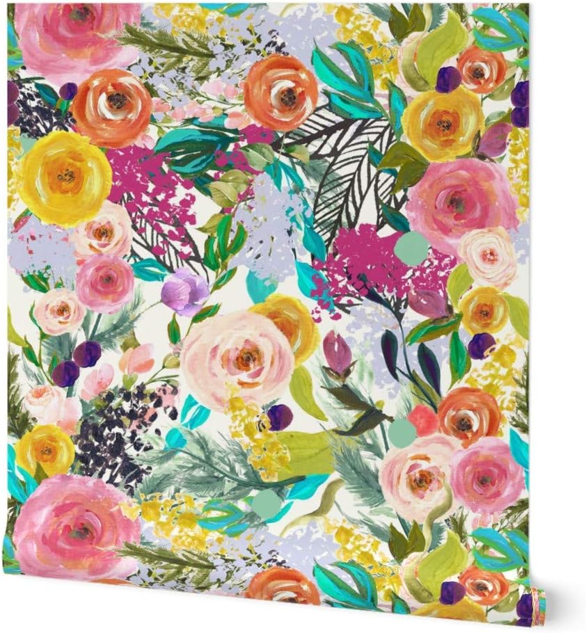 Peel & Stick Wallpaper 3ft x 2ft - Autumn Blooms Bright Big Floral Bold Colorful Summer Watercolor Botanical Spring Roses Custom Removable Wallpaper by Spoonflower