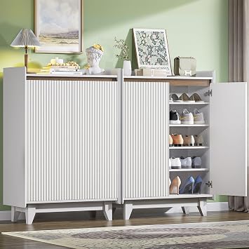 ZLWJGY White Fluted Shoe Cabinet with Adjustable Shelves, Shoe Cabinet Storage for Entryway Hallway Living Room Bedroom, Shoe Rack Cabinet with 2 Doors 2PC, White & Walnut 43.7 H