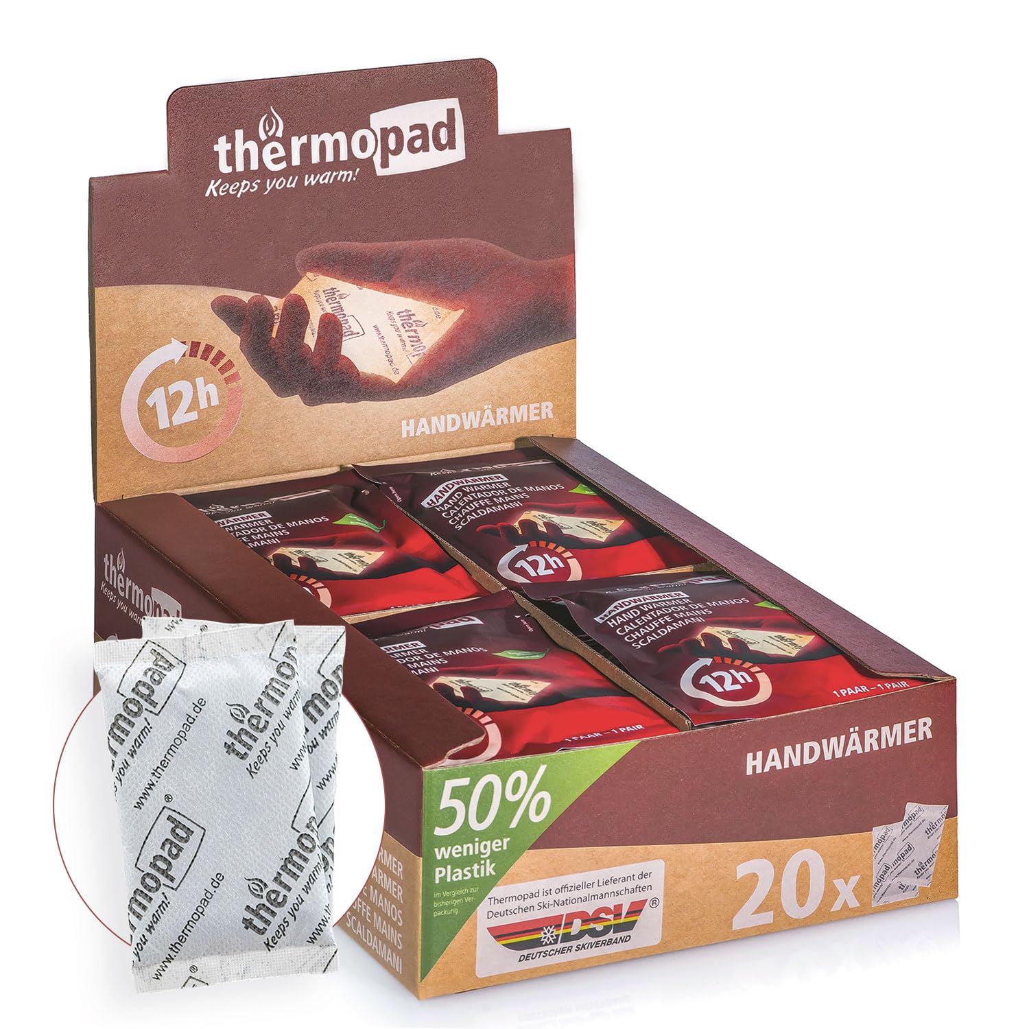 THERMOPAD Handwärmer – DAS ORIGINAL: 20 Paar Wärmepads für 12 Stunden Wärme I 50% weniger Plastik I Sofort einsatzbereite Taschenwärmer I Heatpad – ideal für Outdoor I Wärmekissen für Handschuhe