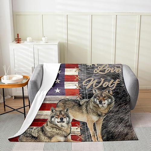 Manta de franela de lobo salvaje de la selva de 50 x 60 pulgadas, cálida, con estampado de animales rústicos, manta Sherpa de franela para niños,