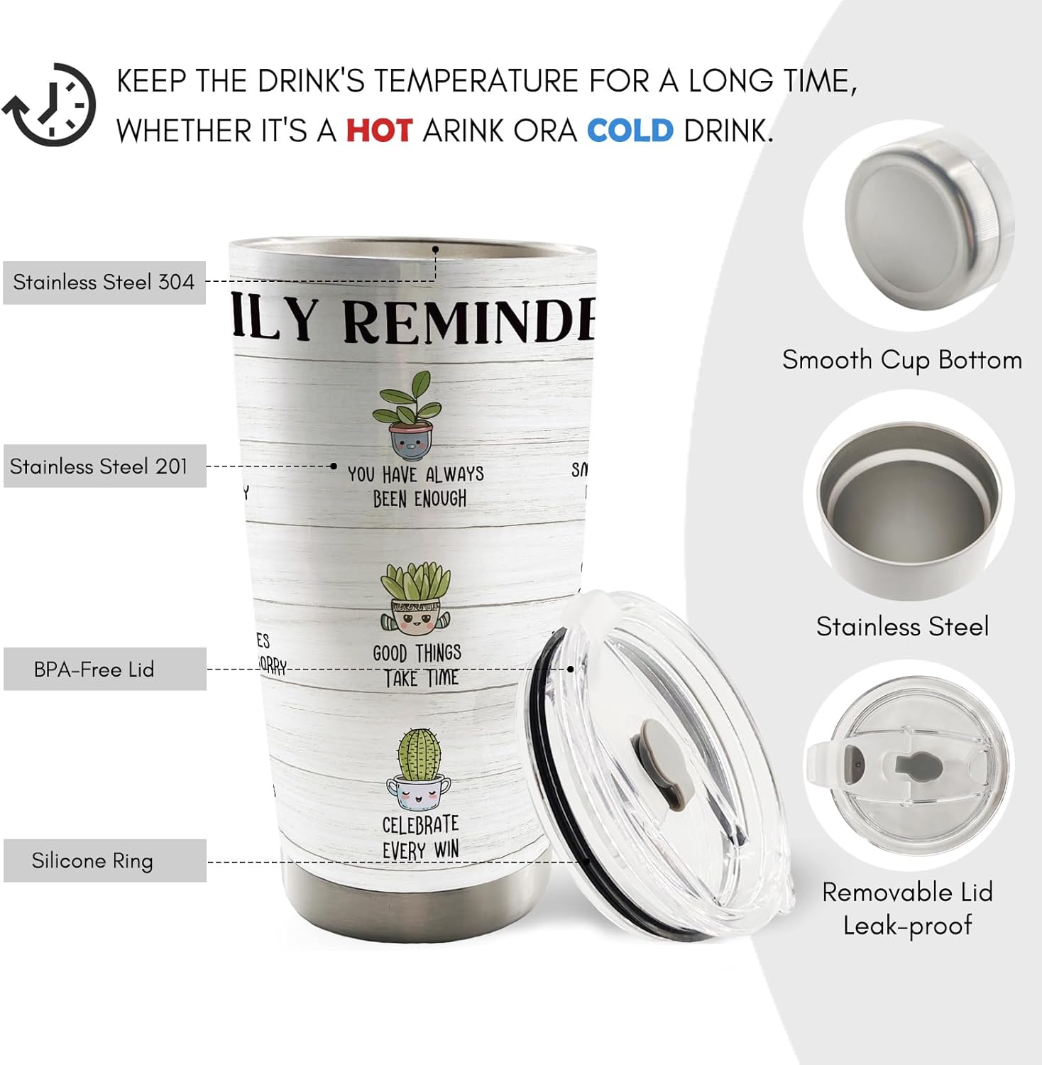 Mental Health Plant 20oz Travel Tumbler, Inspirational Plant Lover Tumbler Gifts for Women, Positive Affirmations Daily Water Reminders Stainless Tumbler with Lid and Straw Drinkware - Image 6