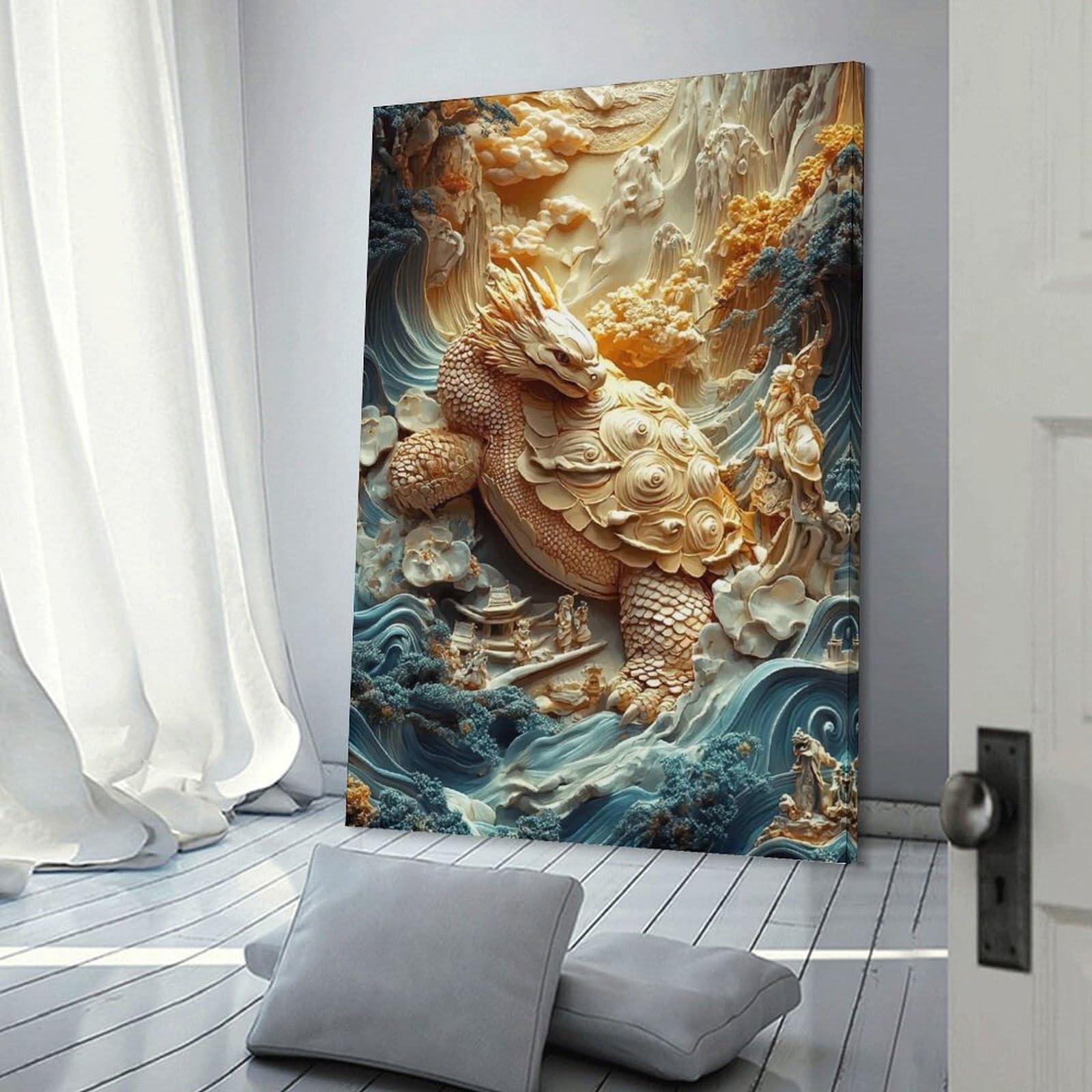 Junmoney Dragon Turtle Relief Canvas Wall Decor, 08x12inch(20x30cm), for Gallery Wall Decor And Room Displays, Wall Decor Suited to Curated Displays