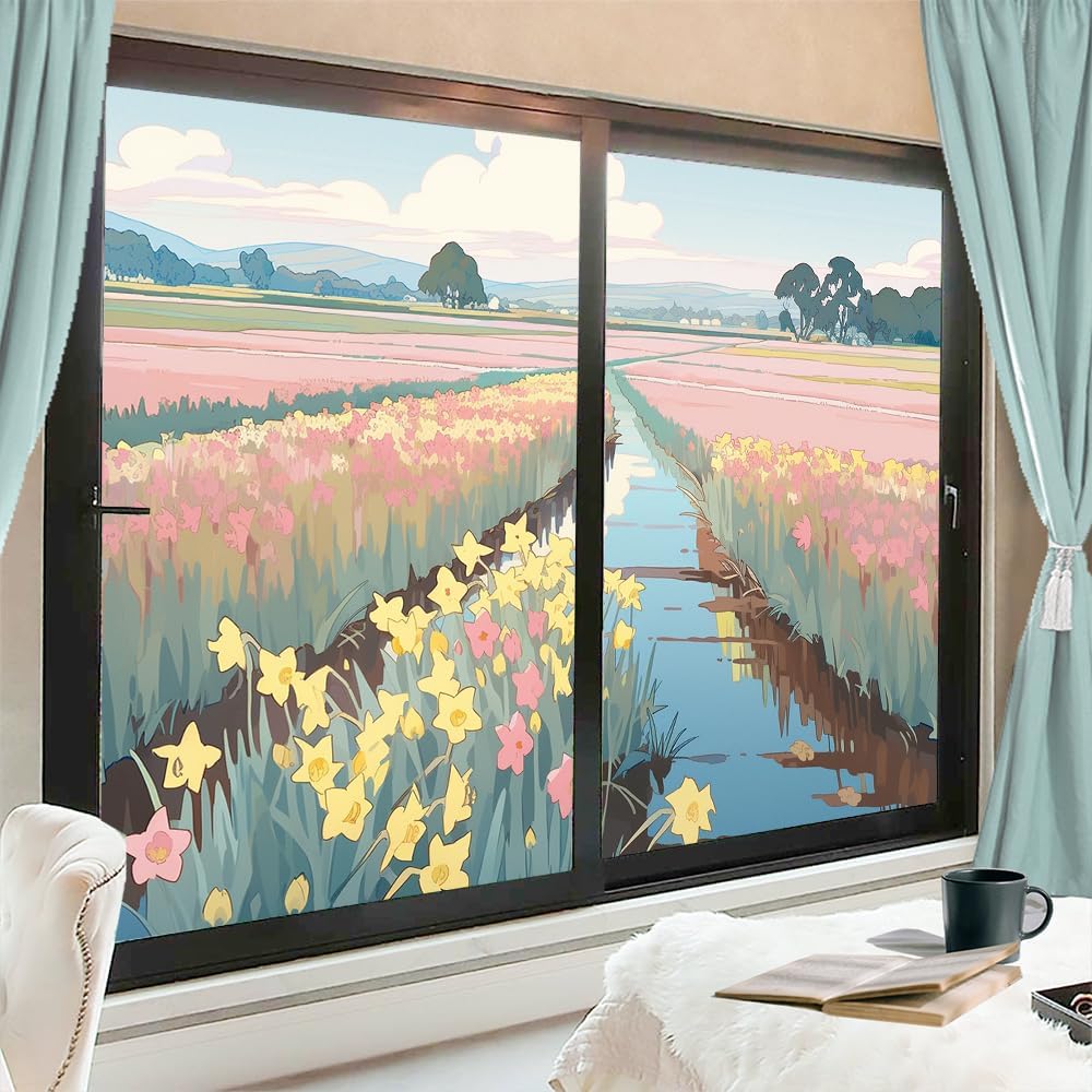 Flower Paradise Window Privacy Film Country Landscape Comic Stained Glass Window Film Decorative Window Cling for Home Window&Glass Door, Sun Blocking 17.7Wx23.6L-inch x2 Pcs