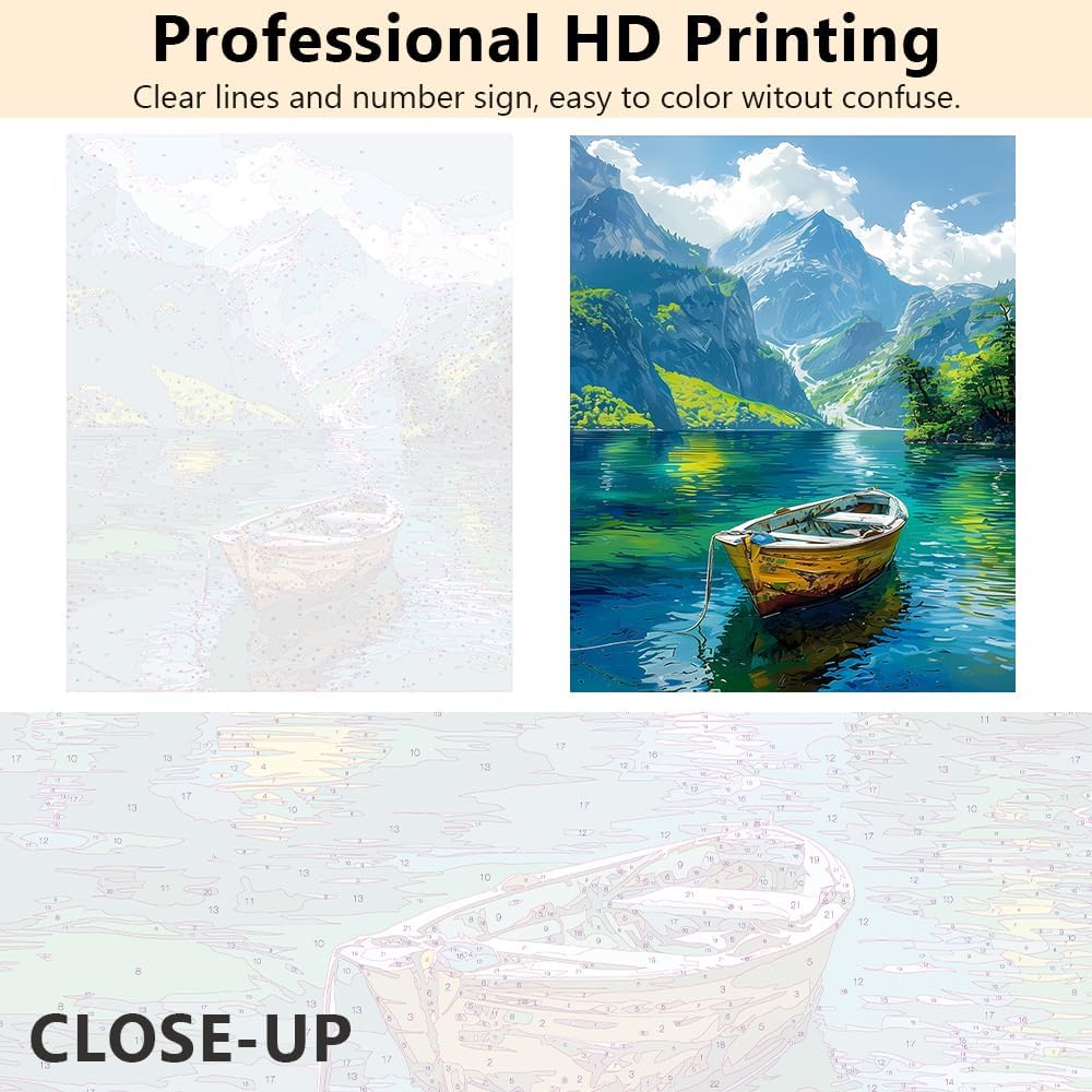 High Mountain Paint by Numbers for Adults Beginner, Green and Blue Small Boat on the River Acrylic Painting by Number Kits Scenery DIY Art Craft Kits Suitable for Home Wall Decor With Frame 16x20 Inch