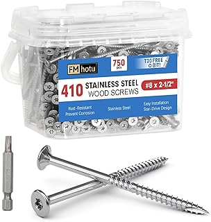 #8 x 2.5 Stainless Steel Deck Screws, 750Pcs Deck Screws T20 Star Bit, 410 Grade Stainless Steel, Rust Resistant Timber Screws for Log Landscaping Wood