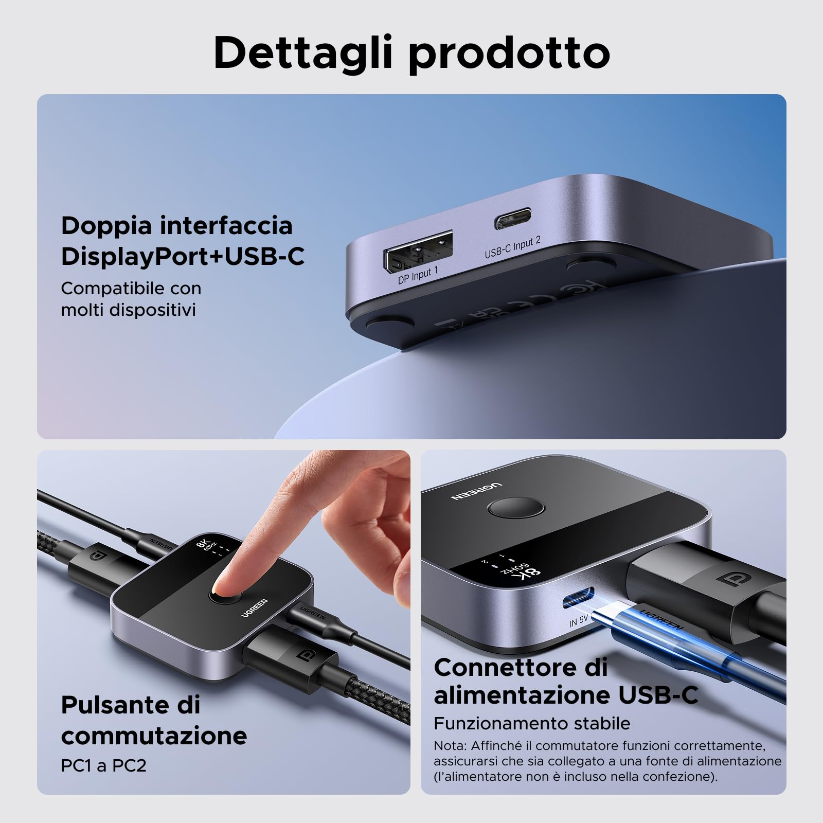 UGREEN Switch DisplayPort USB C 8K60Hz 2 Ingressi 1 Uscita DP 1.4 Commutatore USB C DisplayPort Supporta 3D HDR10+ HDCP2.3 Alta Risoluzione Compatibile con PC PS5 4 Xbox One X Series Steam Deck