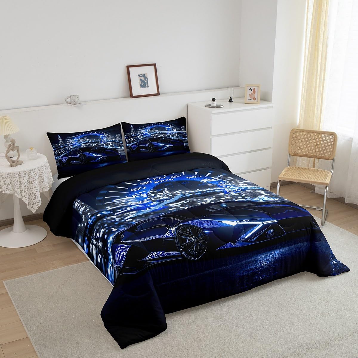 Feelyou Kids Blue Race Car Comforter Set Twin Size, Speed Sports Car Comforter Racing Car Bedding Set Boys Girls Extreme Sports Teens Duvet Set Bedroom Decor Bed Set 2Pcs