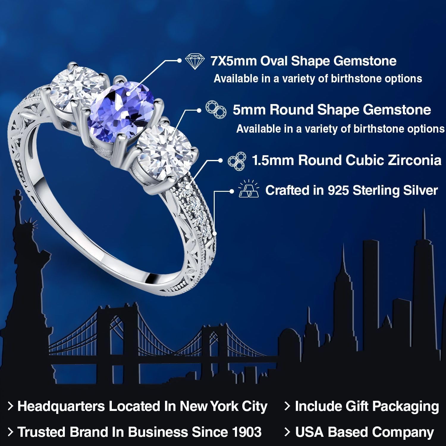 Gem Stone King 2-3 Cttw Gemstone Birthstone 3-Stone Engagement Ring for Women | 925 Silver | Oval 7X5MM | Round 5MM | Filigree and Milgrain Detail | Three Stone Wedding Ring