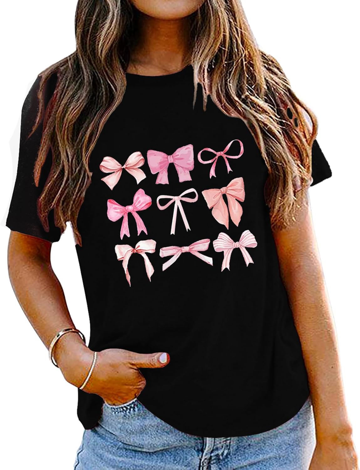 Womens Bow Shirt:Trendy Pink Bow Girly Tee Aesthetic T-Shirt Coquette Aesthetic Tee Tops