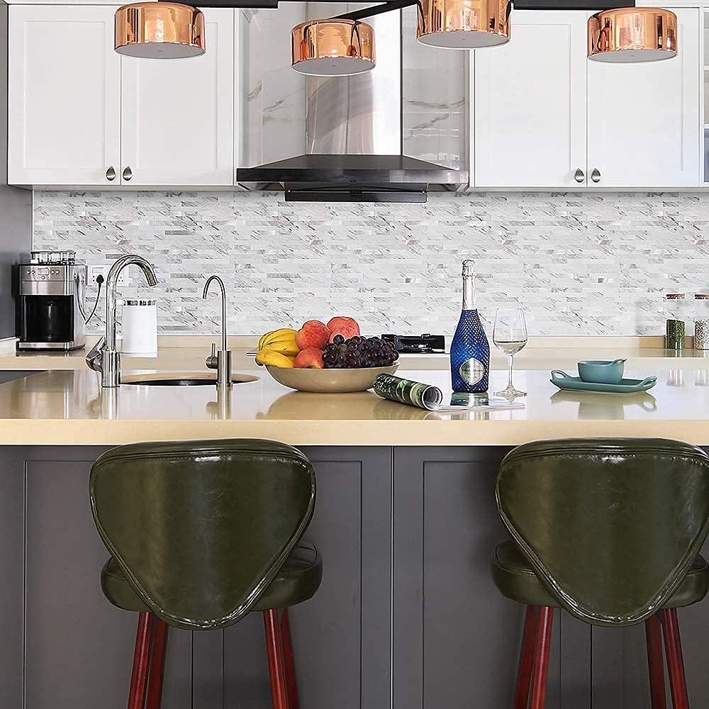 Flash Deals - 60% OFF DIH Peel and Stick Backsplash White Marble Tile, Self-Adhesive PVC and Silver Metal Tile for Kitchen Backplash and Stair Riser Decor in Volakas Linear (11.51’’ x 11.81’’, 5 Sheets, 4.68 sqft) Super Sale 🛒 DIH Peel and Stick Backsplash White Marble Tile, Self-Adhesive PVC and Silver Metal Tile for Kitchen Backplash and Stair Riser Decor in Volakas Linear (11.51’’ x 11.81’’, 5 Sheets, 4.68 sqft)