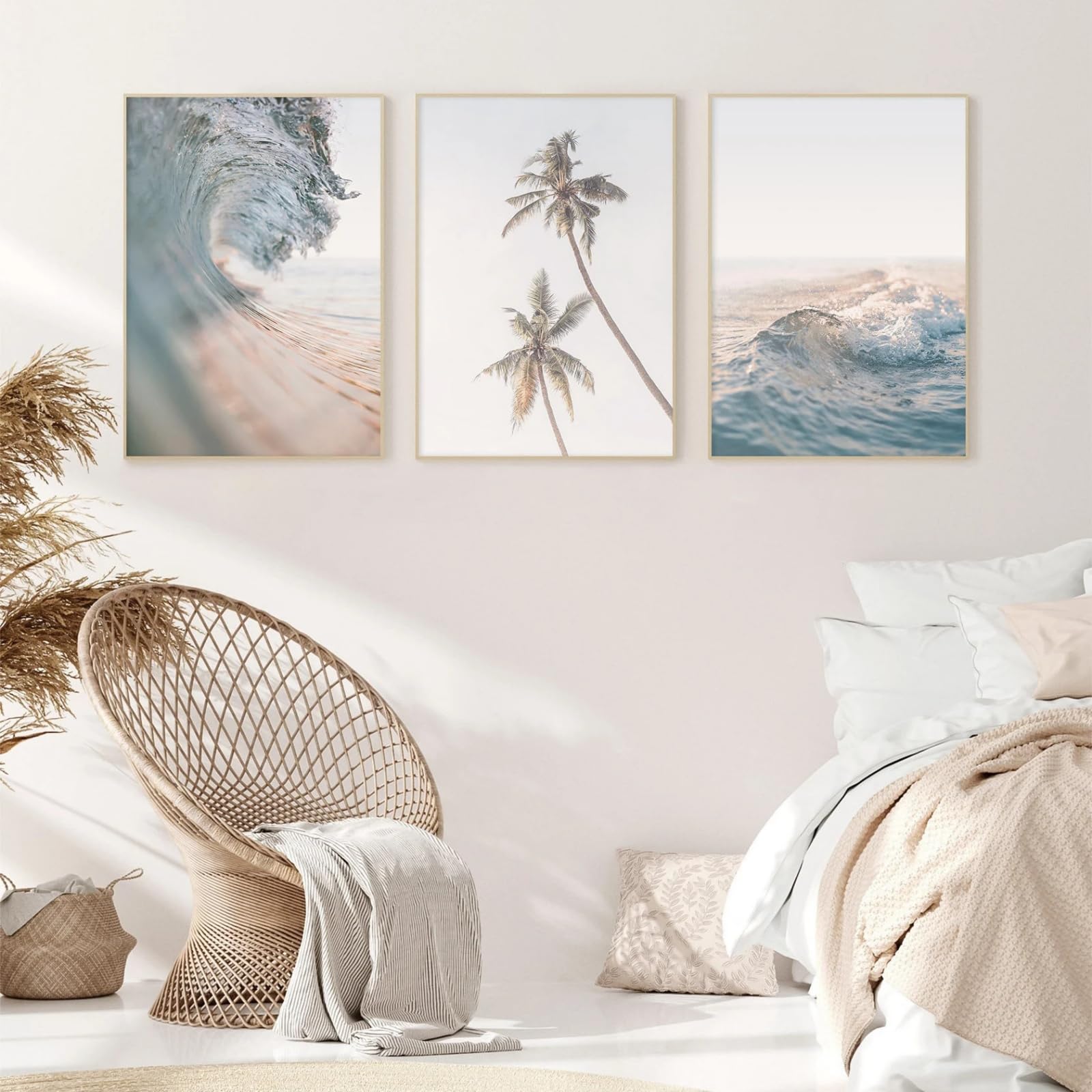 JORCEDI Coastal Beach Canvas Wall Art Set of 3, Maritime Ocean Waves Palm Tree Posters Prints for Bathroom Bedroom Living Room Decor, 21x30-50x70cm, Unframed (21x30 cm,A)