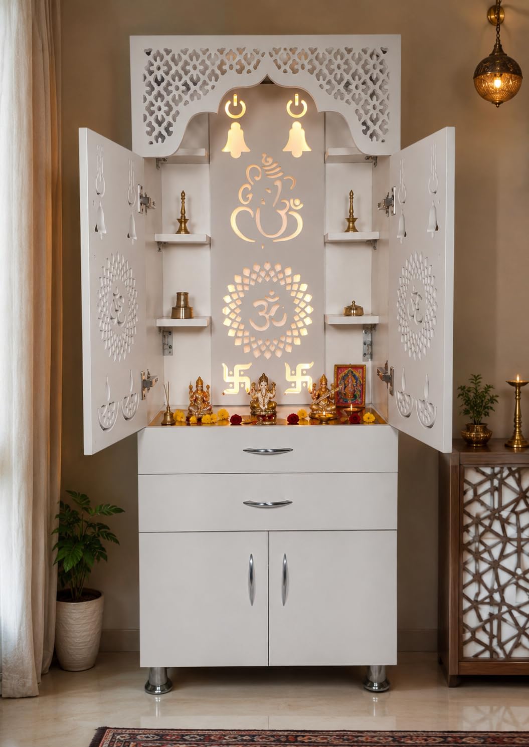 Big Size Designer Temple with Led Lights (Heght: 145cm Pre-Assembled) Engineered Wood Home Temple (Height: 145, Pre-Assembled) | White-image-45