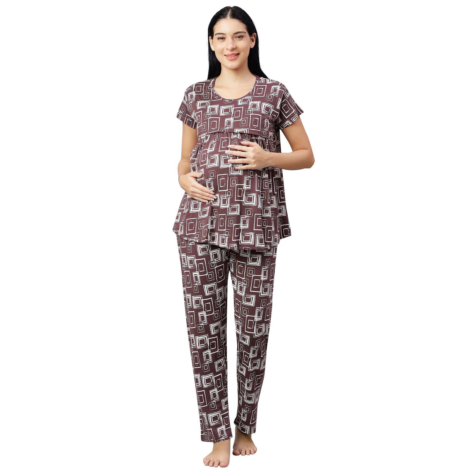 dzzo Women's Maternity & Feeding Night Suit | 100% Cotton Comfortable Night Dress for Pregnant & Nursing Mothers | Stylish Printed Feeding Top & Maternity Pyjama-picture-17