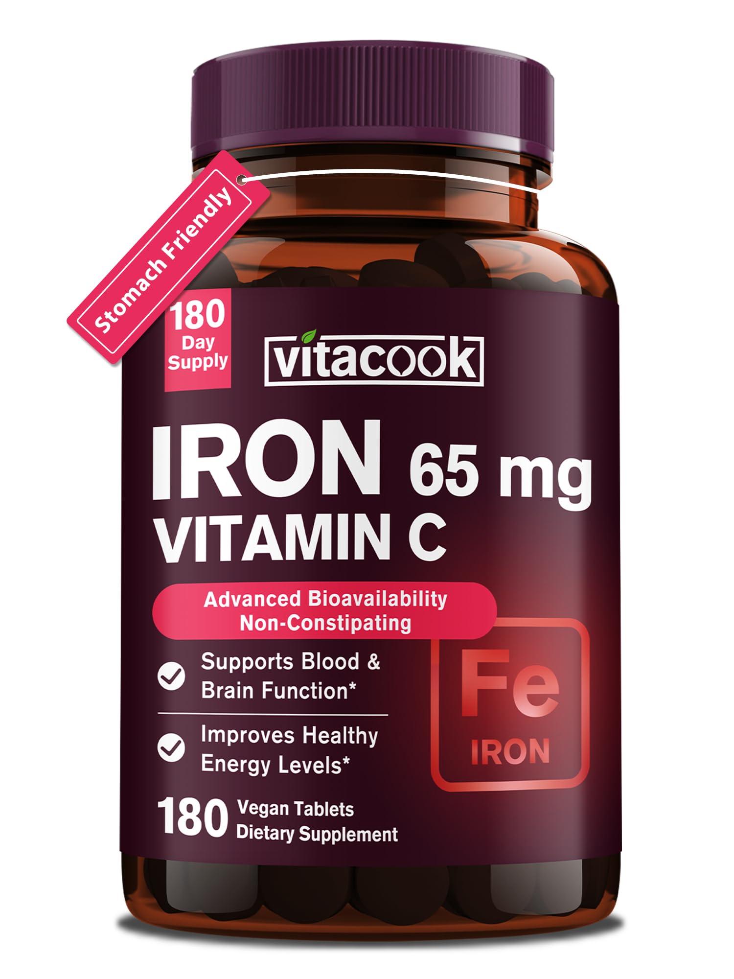 Iron Supplement for Women Men, High Potency Iron 65mg with Vitamin C 250mg, Stomach Friendly Iron Pills for Red Blood Cell & Immune Support, Non-GMO & Gluten Free,180 Vegan Tablets