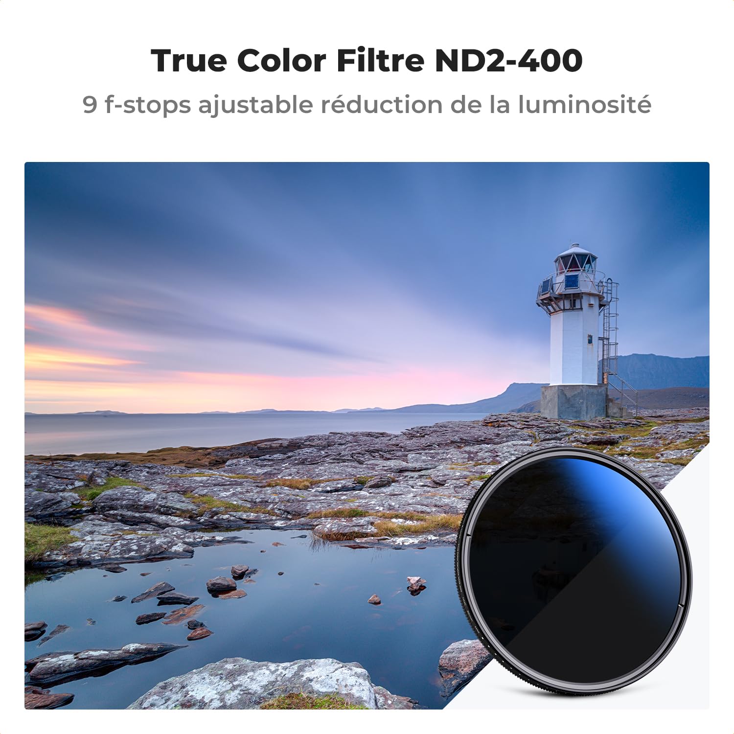 K&F CONCEPT 43mm Filtre ND2-400 Variable True Color 1-9 Stops Densité Neutre et 3 Chiffons de Nettoyage pour Objectif Appareil Photo (Nano-Klear Série)