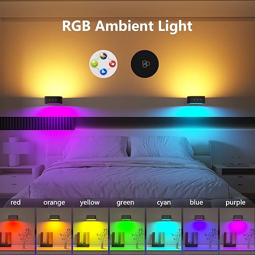 Miniatura 5 de Luces de pared, apliques de pared con pilas, iluminación ambiental RGB, lámpara de pared recargable que cambia de color con 3 temperaturas de color,