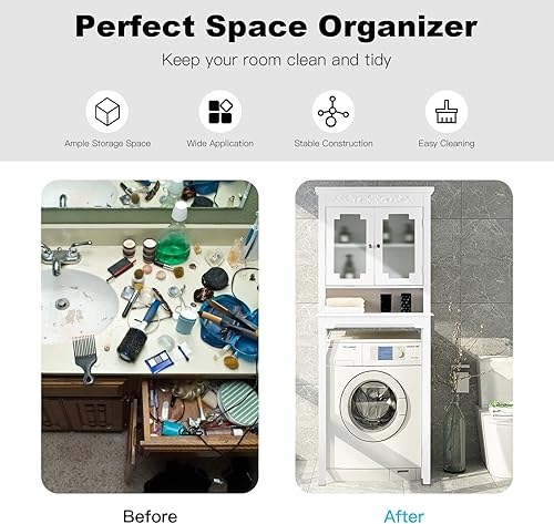Miniatura 8 de Giantex Armario de almacenamiento sobre el inodoro con 2 puertas y estante abierto, estante de baño independiente con estante medio ajustable y