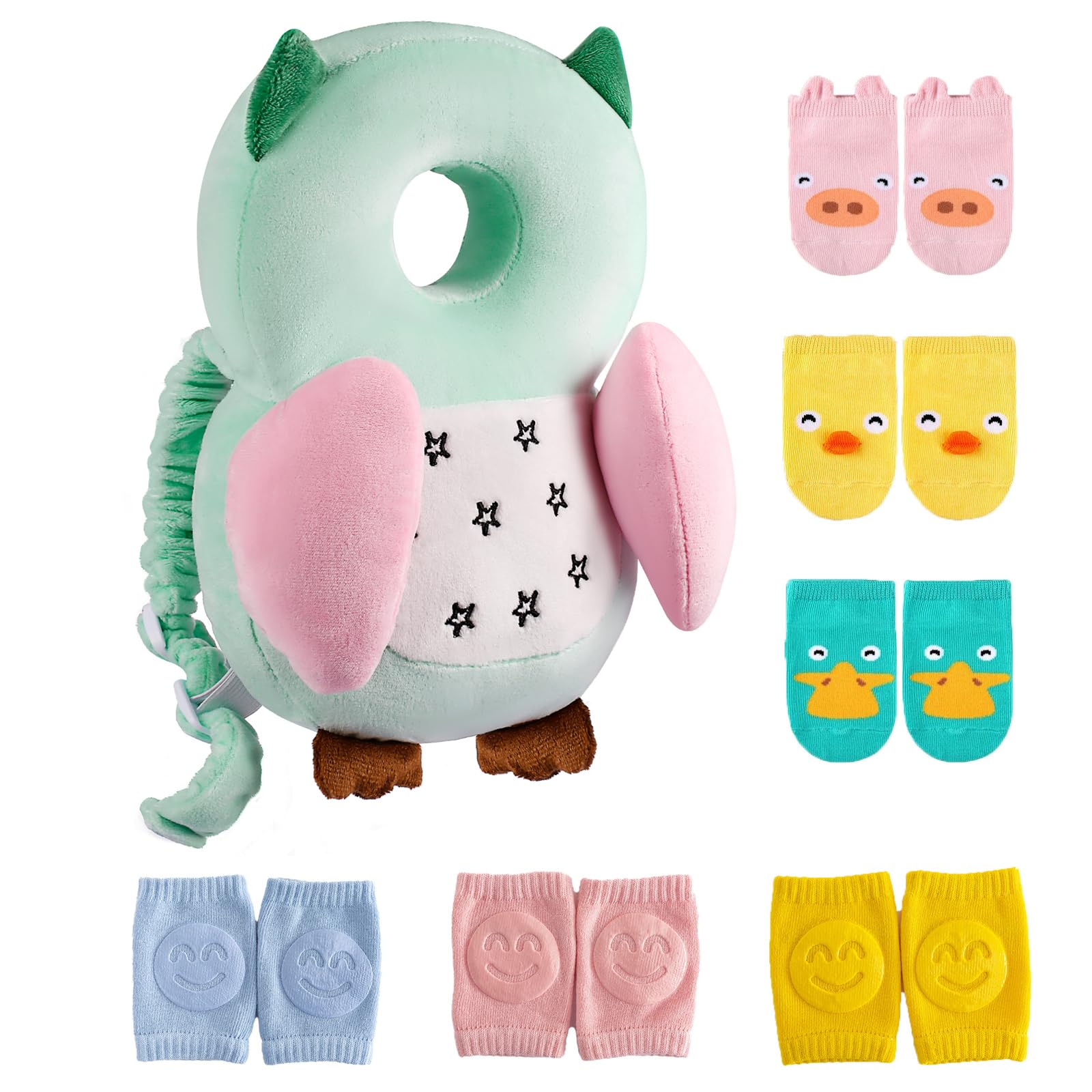 Mounting UP Baby Toddler Walker Head Protector Backpack Adjustable Wear Head Protection Safety Pad Backpack with 3 Pairs Knee Pads & 3 Pairs Socks Walking & Crawling Cute Owl MTY HX WZ S7