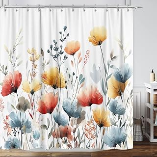 GOAOK Rustic Boho Shower Curtain Farmhouse Floral, Colorful Watercolor Flower Botanical Shower Curtain Set, Cute Minimalist Aesthetic Wildflower Blue Cream Tan Grey Bath Curtain with Hooks, 72"×72"