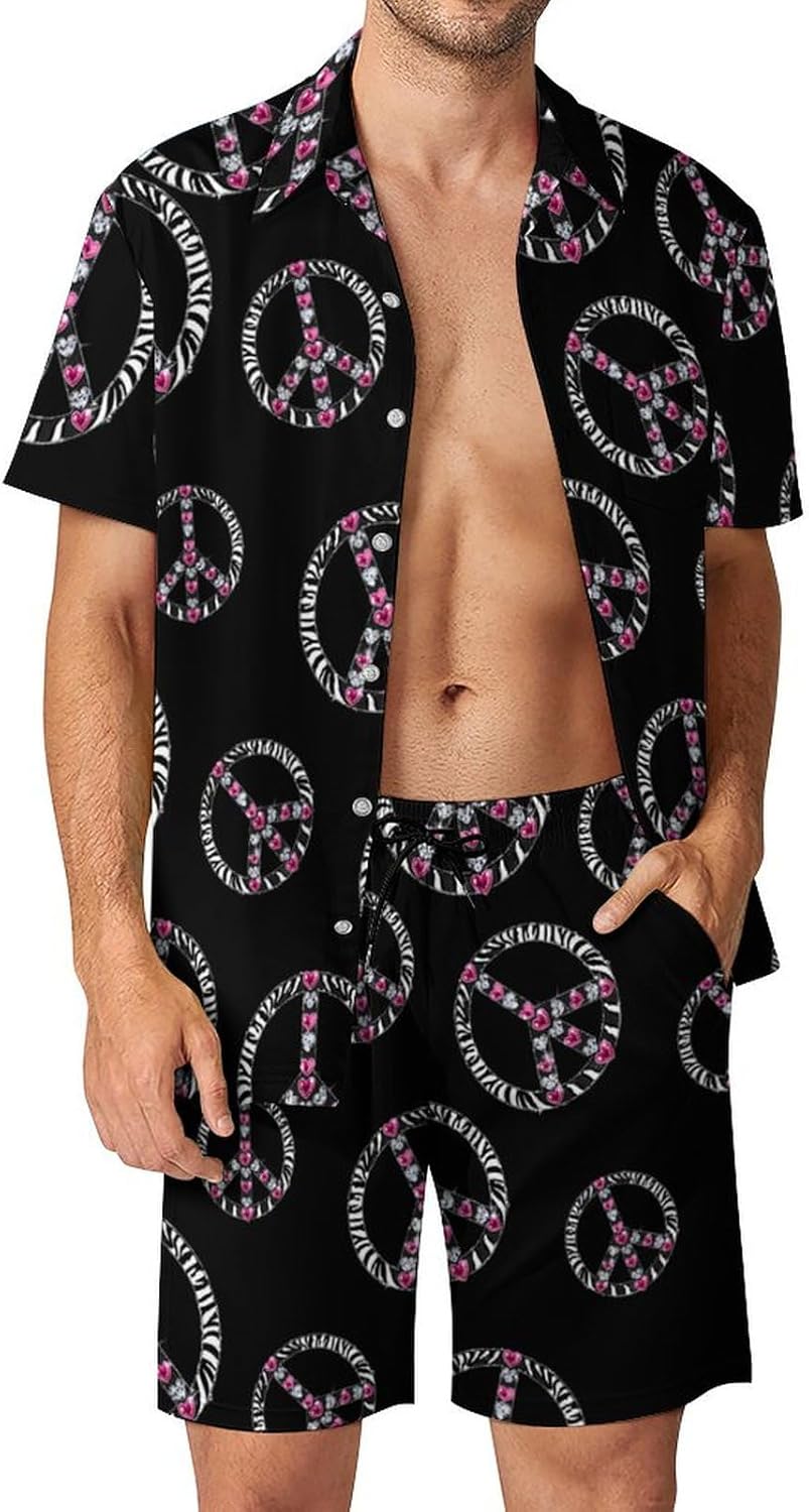 Zebra Peace Sign Diamond Men's Summer Beach Outfits Shirt And Shorts Set 2 Piece Vacation Swimwear