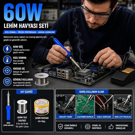 B.H.D Elektrikli 60W Havya Lehim Seti, İnce Uçlu Lehimleme Kalemi, Lehim Teli ve Lehim Pastası Dahil, Elektronik Devre Kartı, Kablo, Hoparlör ve Hobi Tamiri İçin Profesyonel Lehimleme Kiti