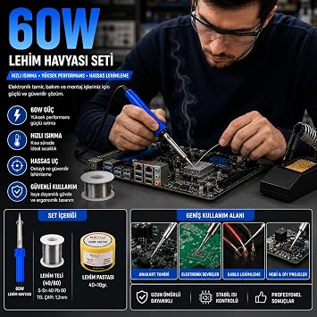 B.H.D Elektrikli 60W Havya Lehim Seti, İnce Uçlu Lehimleme Kalemi, Lehim Teli ve Lehim Pastası Dahil, Elektronik Devre Kartı, Kablo, Hoparlör ve Hobi Tamiri İçin Profesyonel Lehimleme Kiti