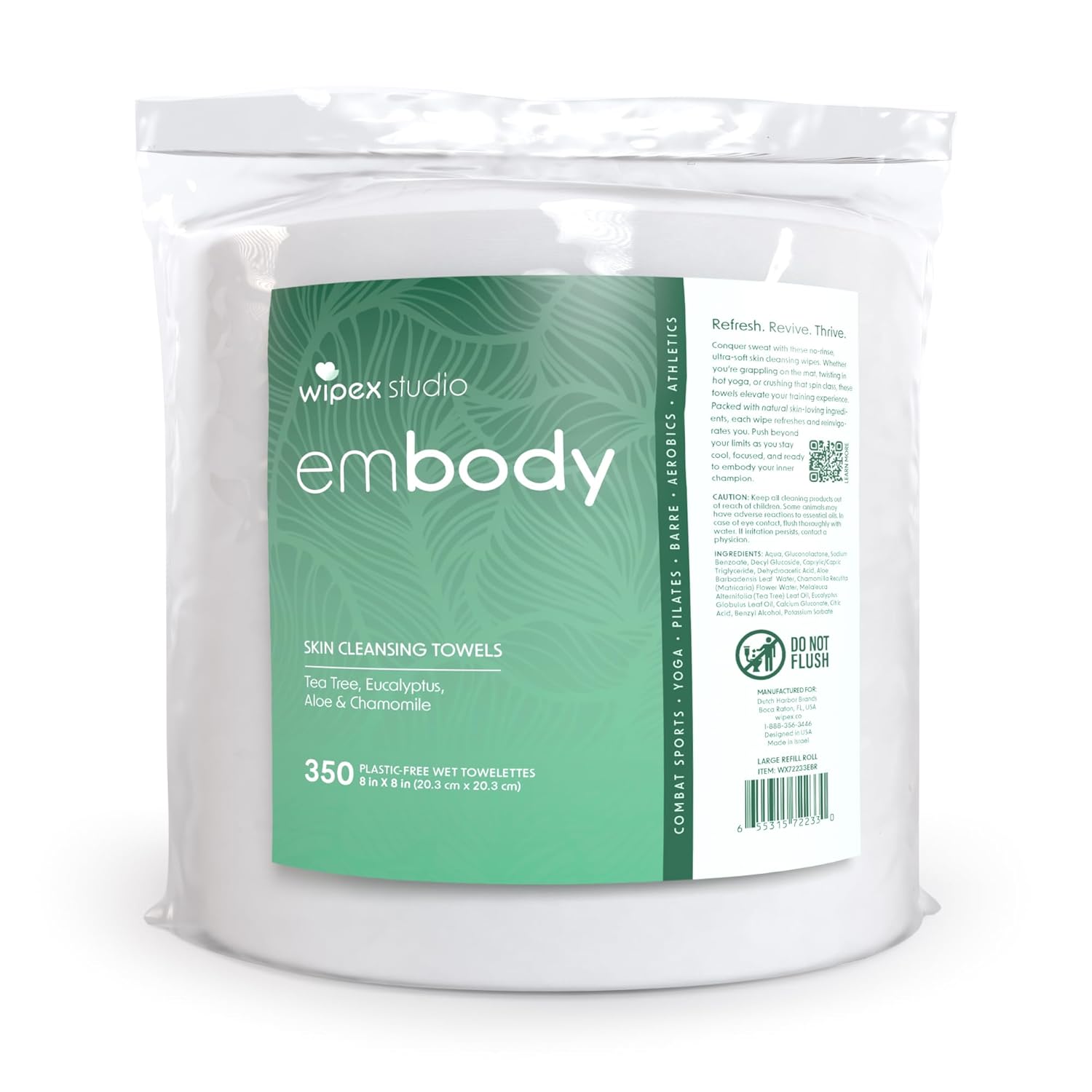 Wipex Embody Body Wipes Refills, 350 Count for Dispensers - Large Plant-Based Cloth with Tea Tree Oil, No Rinse Body Cleansing Wipes for Athletes, Yoga, Gym, Wrestling, Team Sports, Fitness, Bulk Size