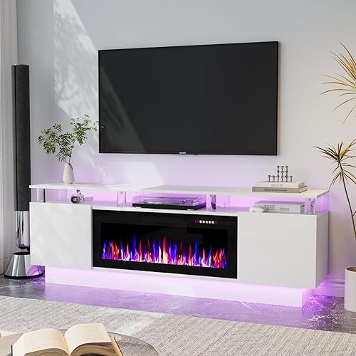 Miniatura 24 de Soporte de TV con chimenea de 36 pulgadas, soporte de TV negro de 70 pulgadas para sala de estar, moderno soporte de TV con chimenea eléctrica con