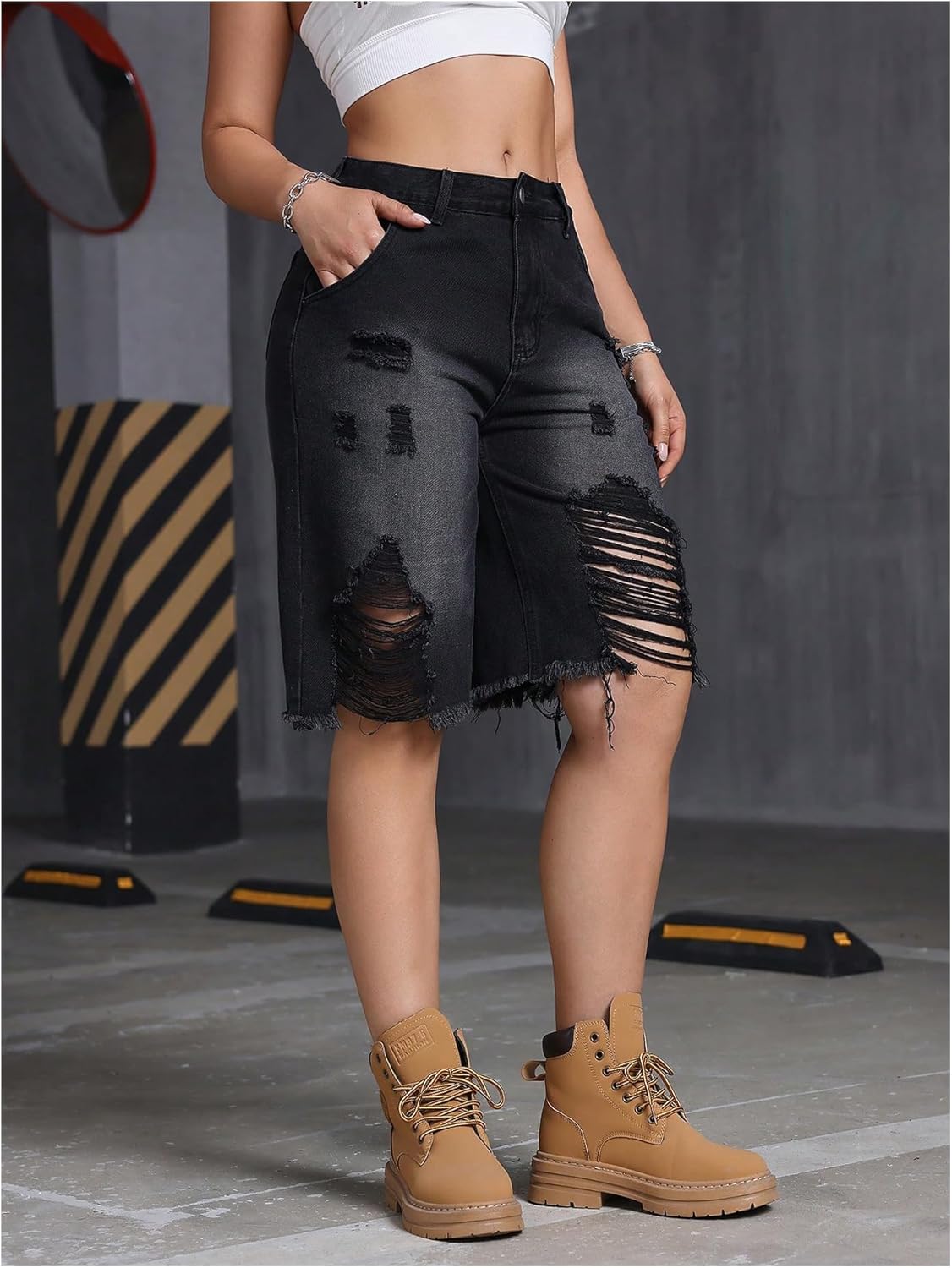 SOLY HUX Women's Ripped Denim Shorts Y2k Distressed Wide Leg Raw Hem Summer Bermuda Shorts