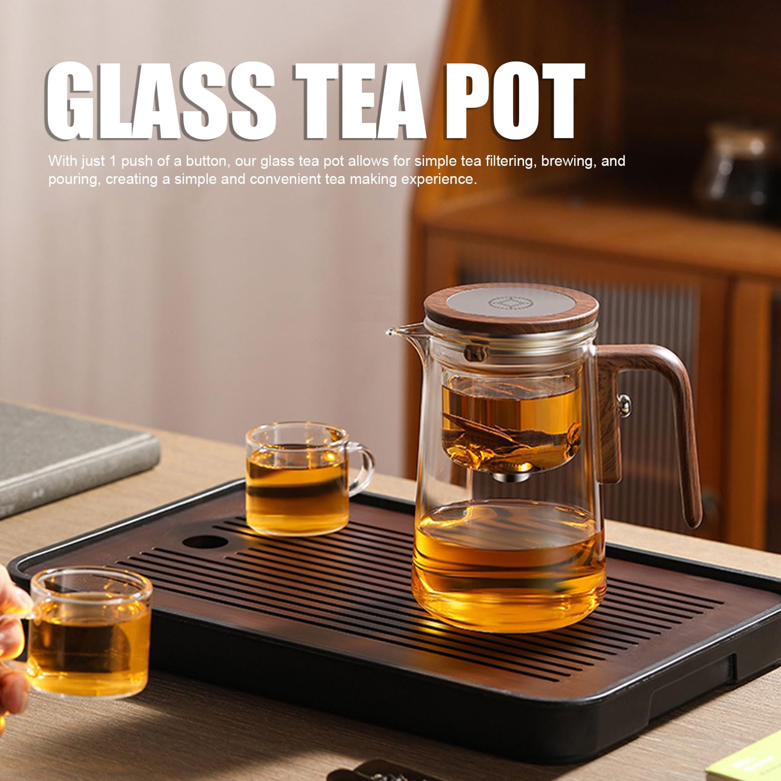TOPINCN Glas Teekanne mit Sieb, 800 Ml, Wassertrennung, Klare Teekanne mit Holzgriff, Sicherer Deckel, Magnetschalter Zum Aufbrühen Verschiedener Teesorten